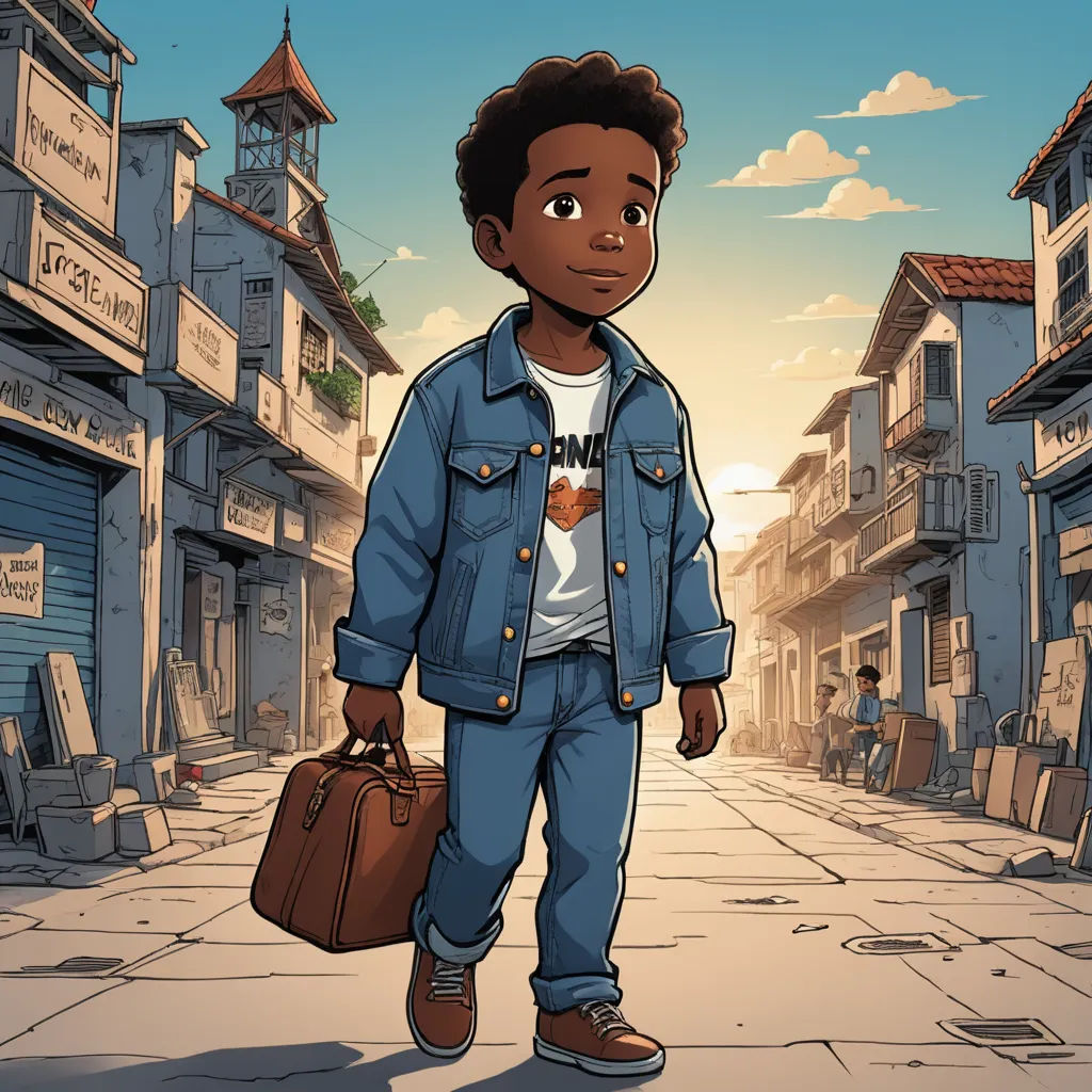 a cartoon of a man with a suitcase walking down a street in a city with buildings and a clock tower, sots art, a comic book panel, Americo Makk, comic cover art