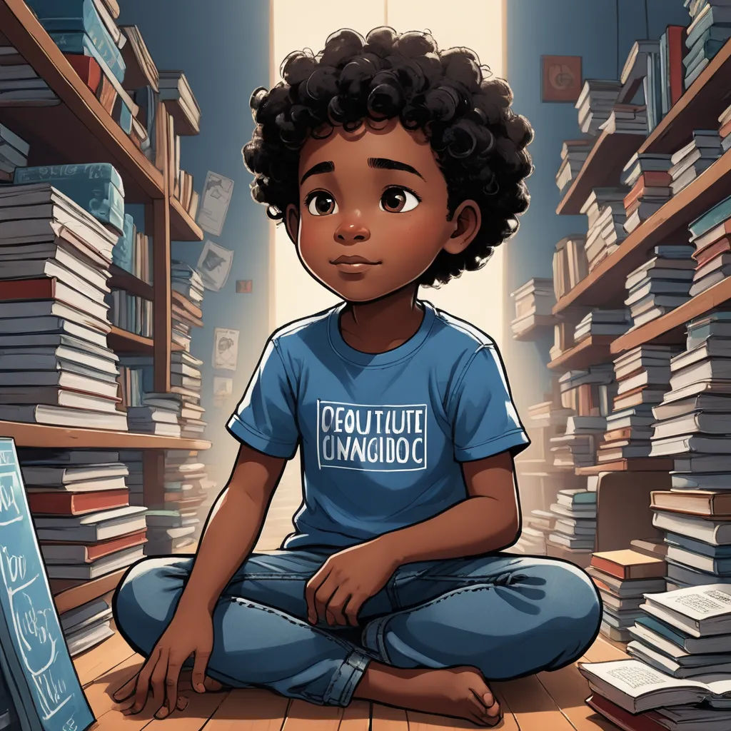 a young black girl sitting on the floor in a library with a bookcase full of books behind her, photorealism, a storybook illustration, Everett Warner, comic cover art