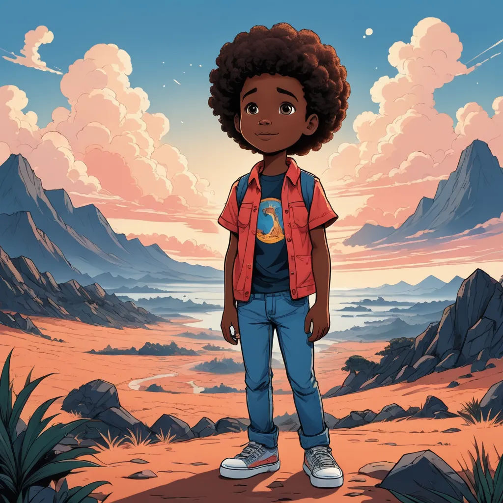 a cartoon of a young black boy standing in a desert landscape with mountains in the background and clouds in the sky, afrofuturism, concept art, Chris LaBrooy, comic cover art