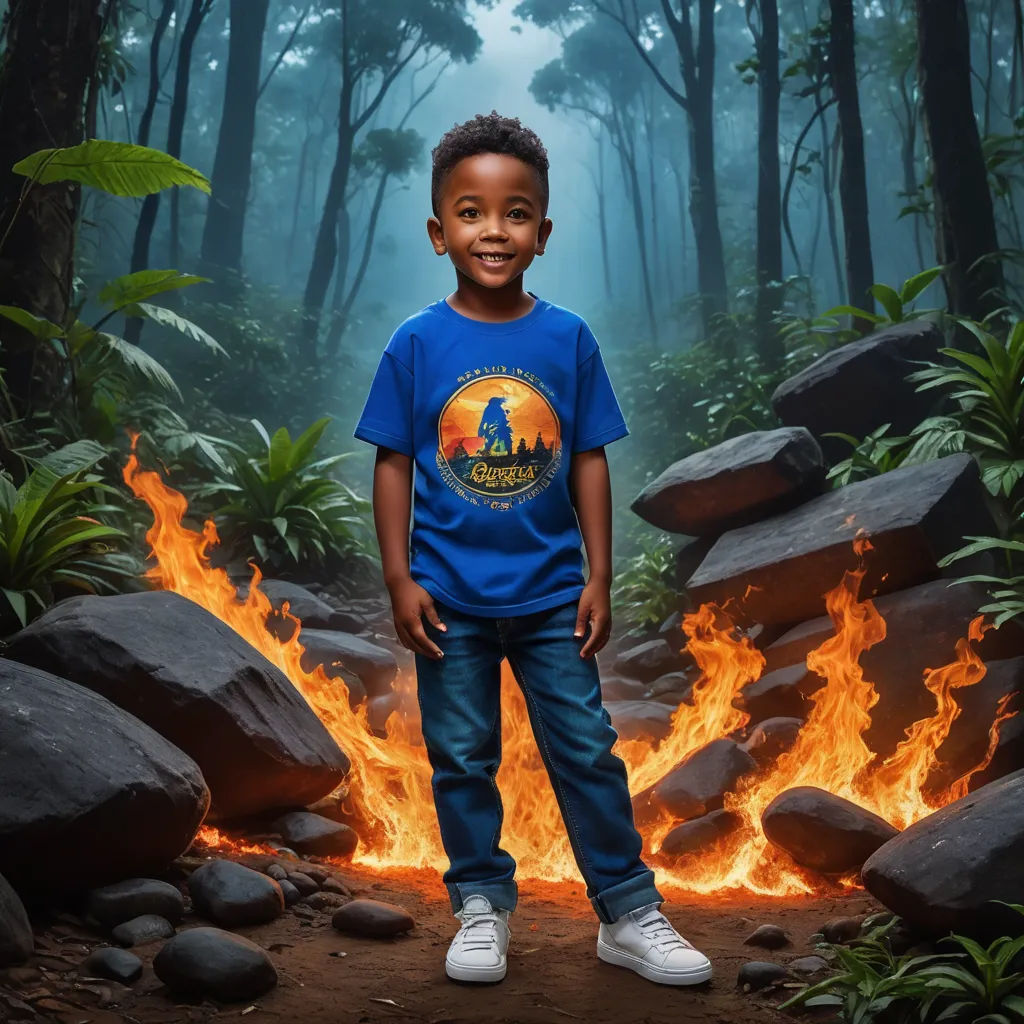 a young boy standing in front of a fire in the forest with rocks and trees in the background and a forest fire, sumatraism, an album cover, Chris LaBrooy, studio photography