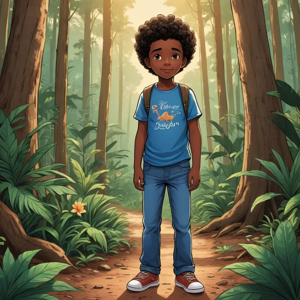 a young boy standing in the middle of a forest with a backpack on his back and a backpack on his shoulder, afrofuturism, a storybook illustration, Cedric Seaut (Keos Masons), official art