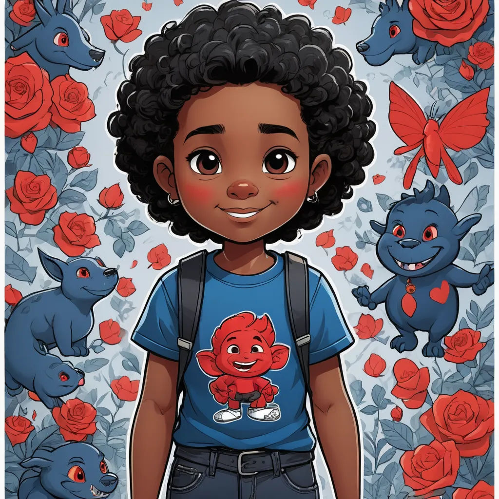 a cartoon character with a red rose on her shirt and a blue background with red roses and a red teddy bear, fantasy art, a character portrait, Cliff Childs, comic cover art