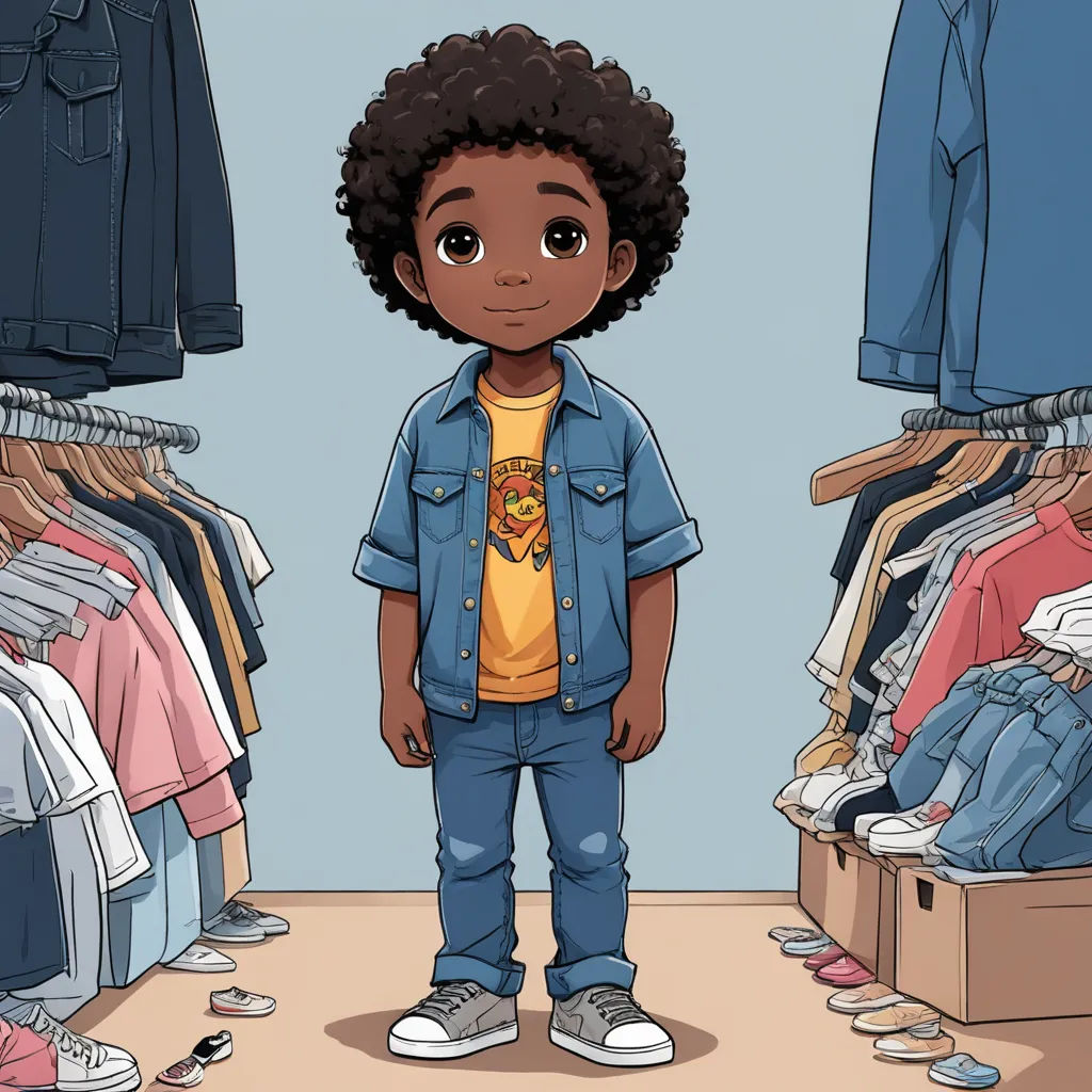 a cartoon of a boy standing in front of a closet full of clothes and shirts on hangers and a blue wall, lyco art, concept art, Everett Warner, character art