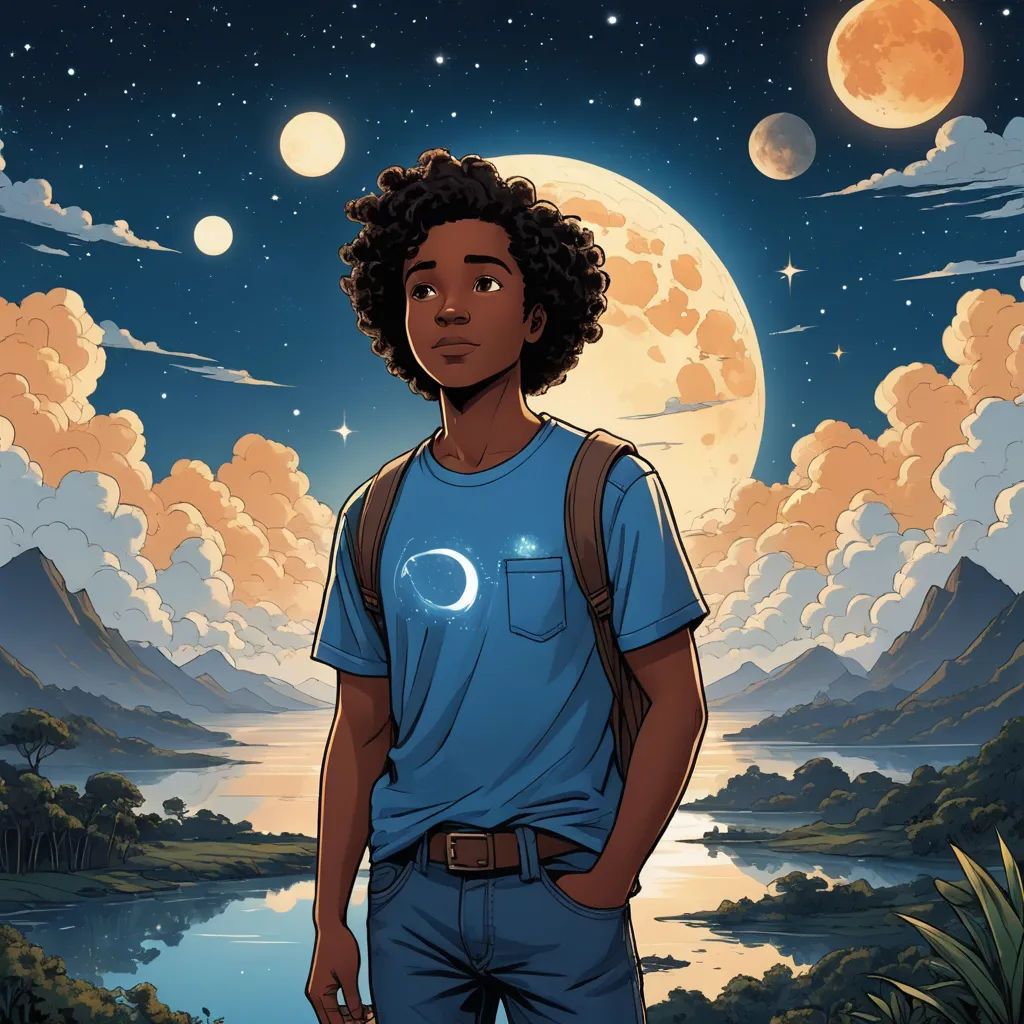 a man standing in front of a full moon and a lake with a crescent moon in the sky above, afrofuturism, poster art, Cedric Seaut (Keos Masons), comic cover art