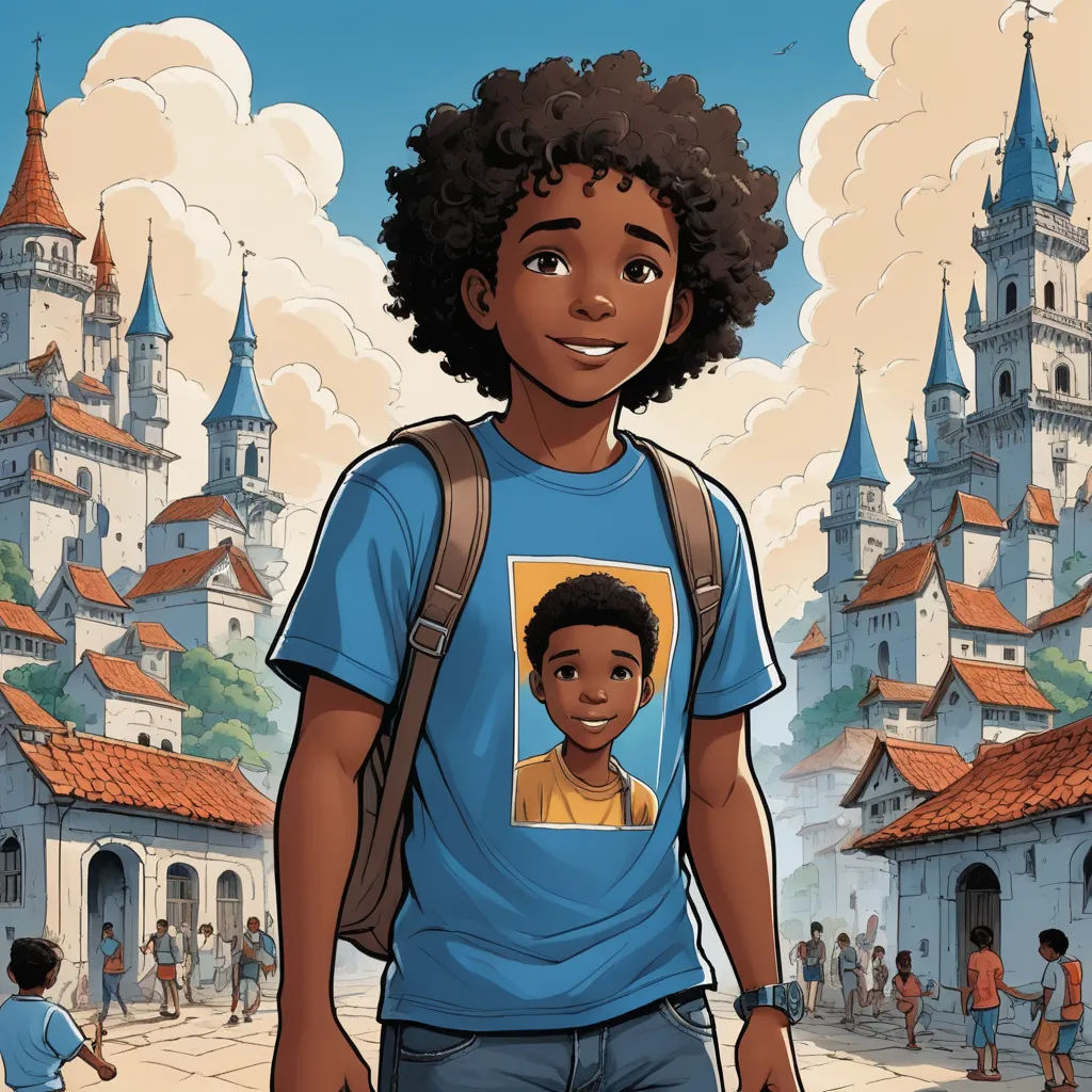 a cartoon of a boy with a picture of him on his shirt in front of a castle with people, magical realism, a storybook illustration, Cedric Seaut (Keos Masons), comic cover art