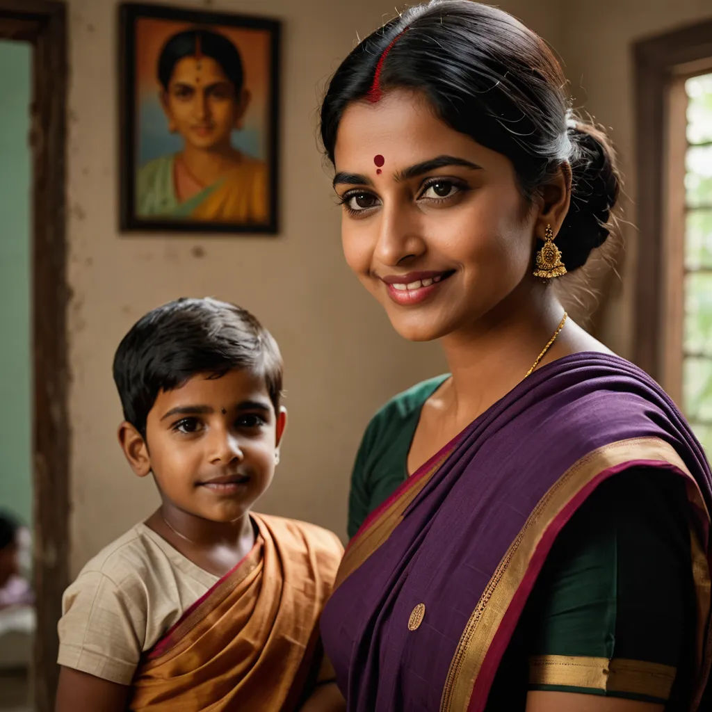 a woman and a boy standing in a room with paintings on the wall behind them and a painting on the wall behind them, samikshavad, a poster, Ella Guru, promotional image