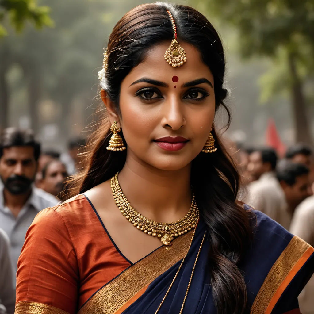 a woman in a sari with a large necklace and earrings on her neck and shoulders, standing in front of a crowd, samikshavad, a poster, Ella Guru, promotional image