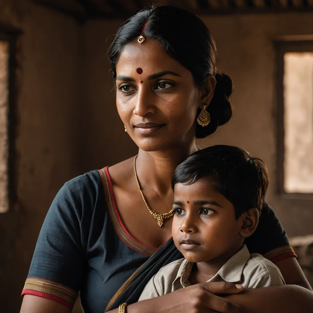 a woman and a child are posing for a picture together in a room with windows and a door in the background, samikshavad, a poster, Ella Guru, promotional image