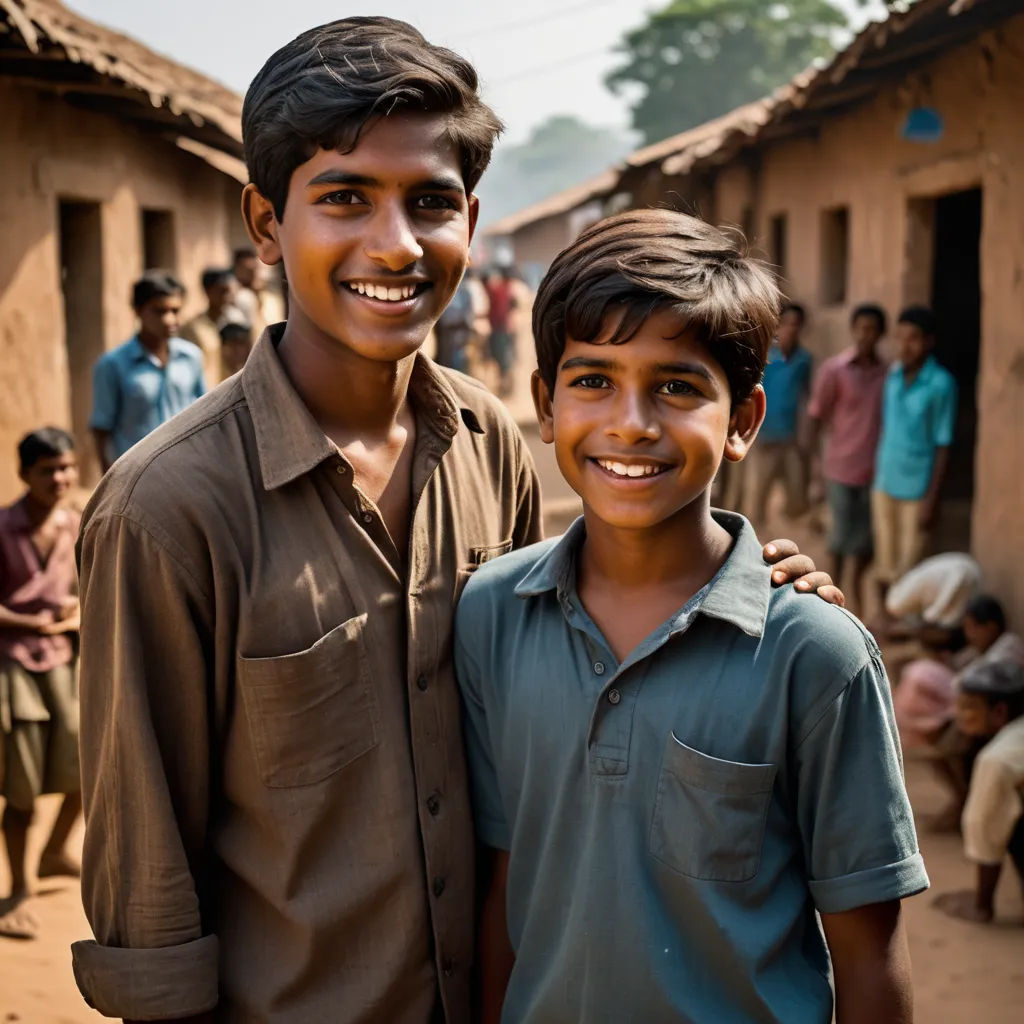 two young boys standing next to each other in front of a crowd of people in a village with a few buildings, samikshavad, a microscopic photo, Bholekar Srihari, award-winning photograph