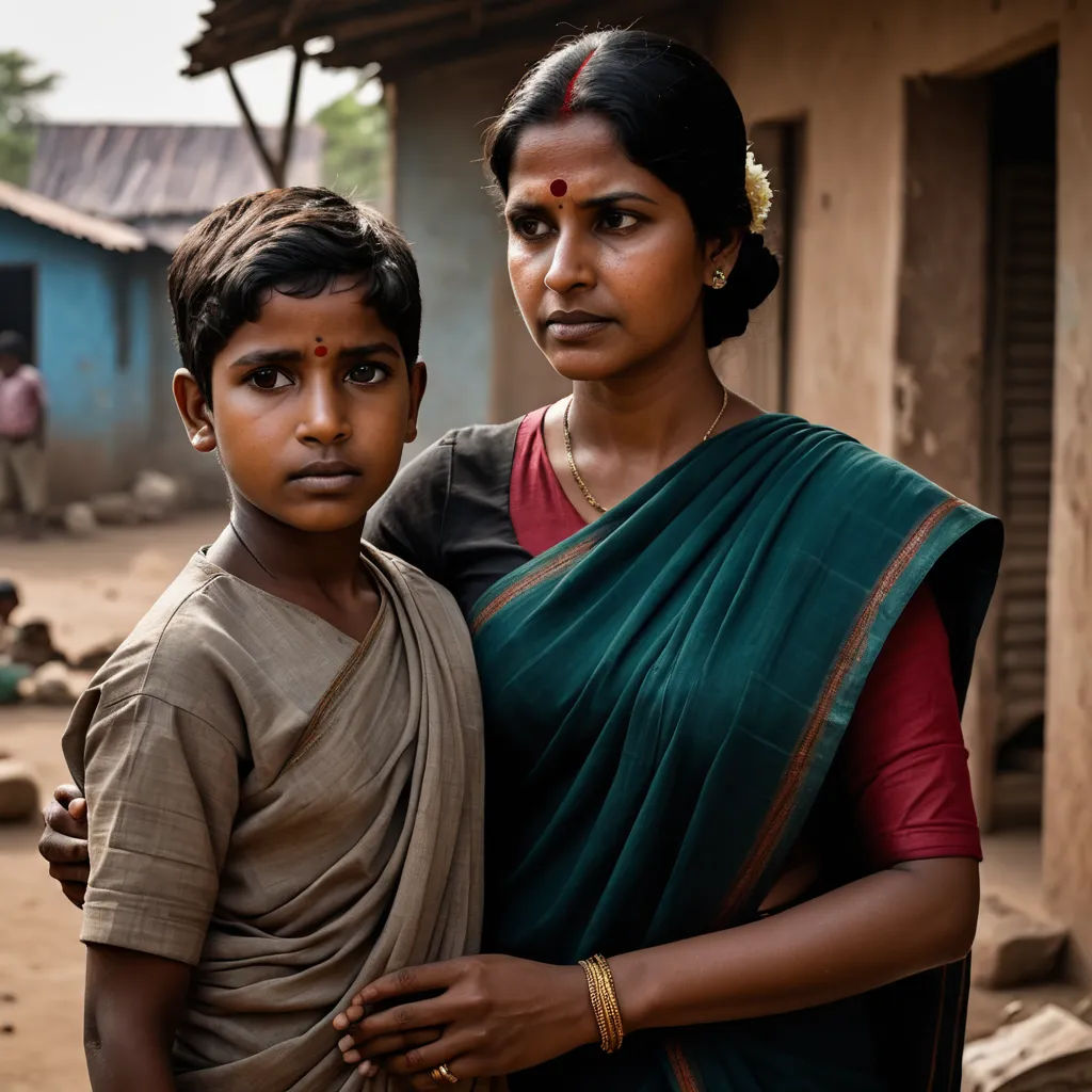 a woman and a boy standing in front of a building with a dirt floor and a dirt road in the background, samikshavad, a character portrait, Ella Guru, movie still frame