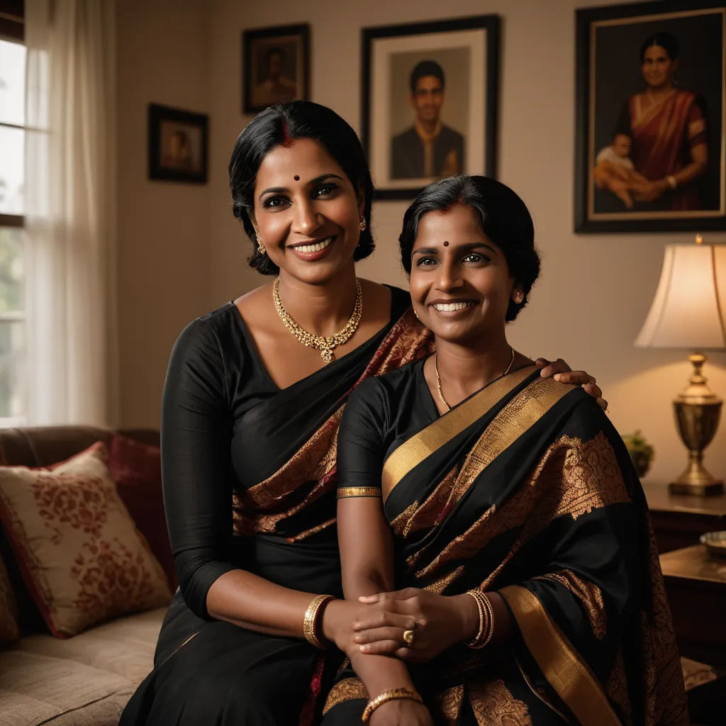 two women sitting on a couch in a living room together smiling for the camera with a portrait of a man in the background, samikshavad, a photocopy, Ella Guru, portrait photography