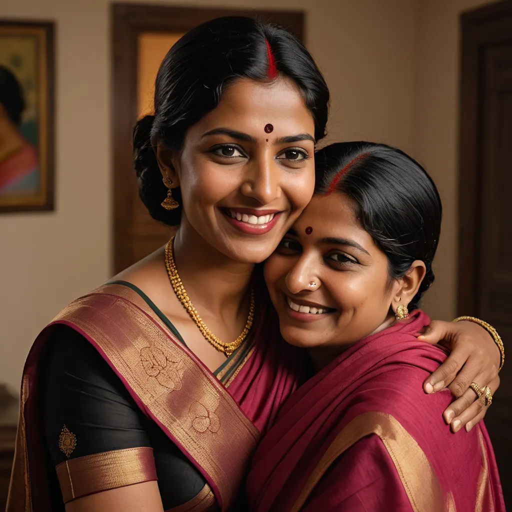 two women are hugging each other in a room with paintings on the wall behind them and a painting on the wall behind them, samikshavad, a poster, Ella Guru, promotional image