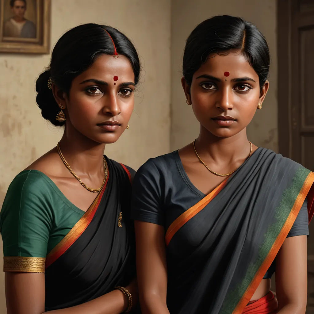 two women in sari are standing next to each other in a room with a painting on the wall, bengal school of art, an ultrafine detailed painting, Brad Kunkle, highly detailed digital painting