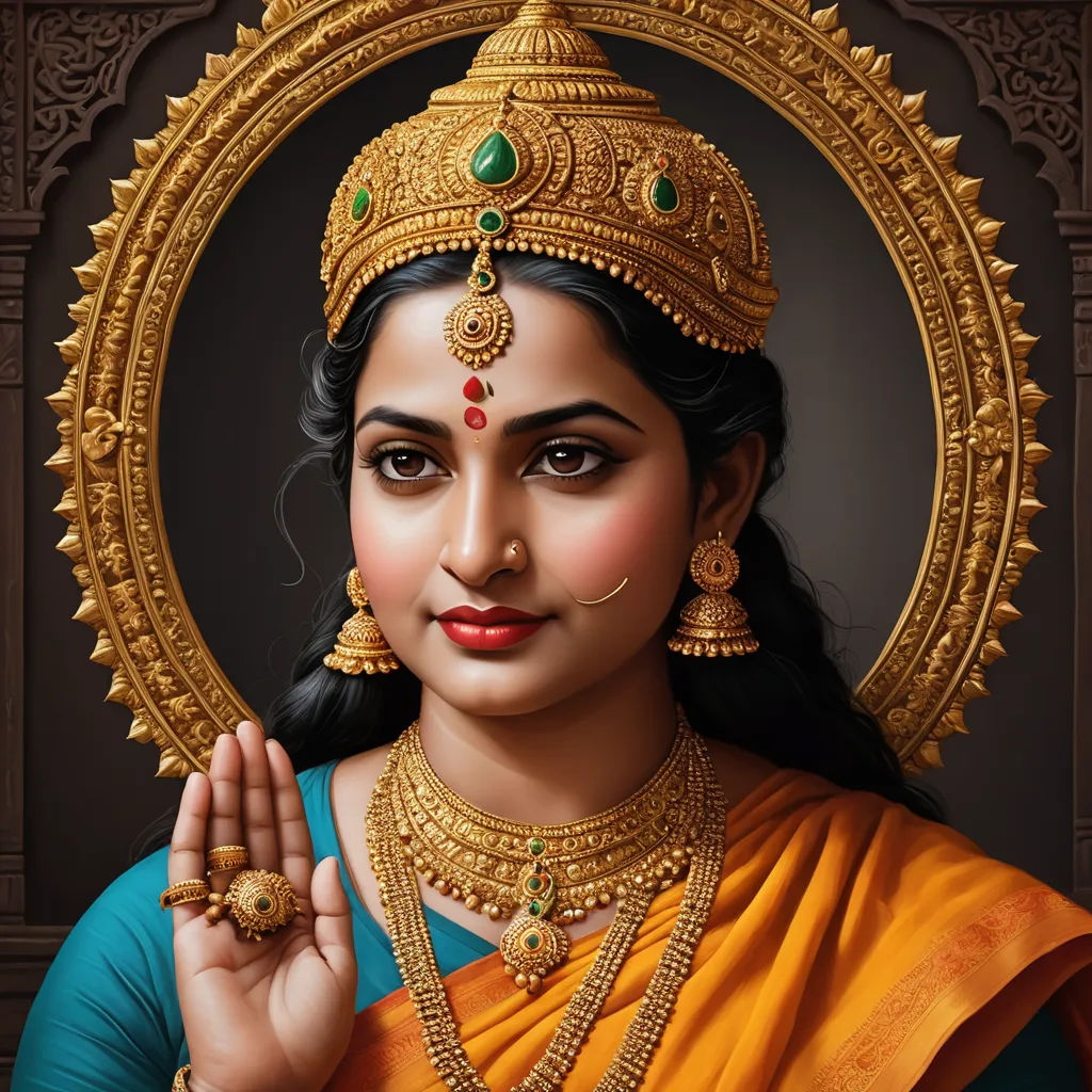 a painting of a woman wearing a gold necklace and a tiara with a green and gold necklace on her neck, samikshavad, a detailed painting, Ella Guru, highly detailed digital painting