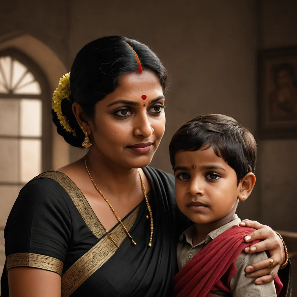 a woman and a child pose for a picture together in a room with a window in the background and a painting on the wall, samikshavad, a poster, Ella Guru, promotional image