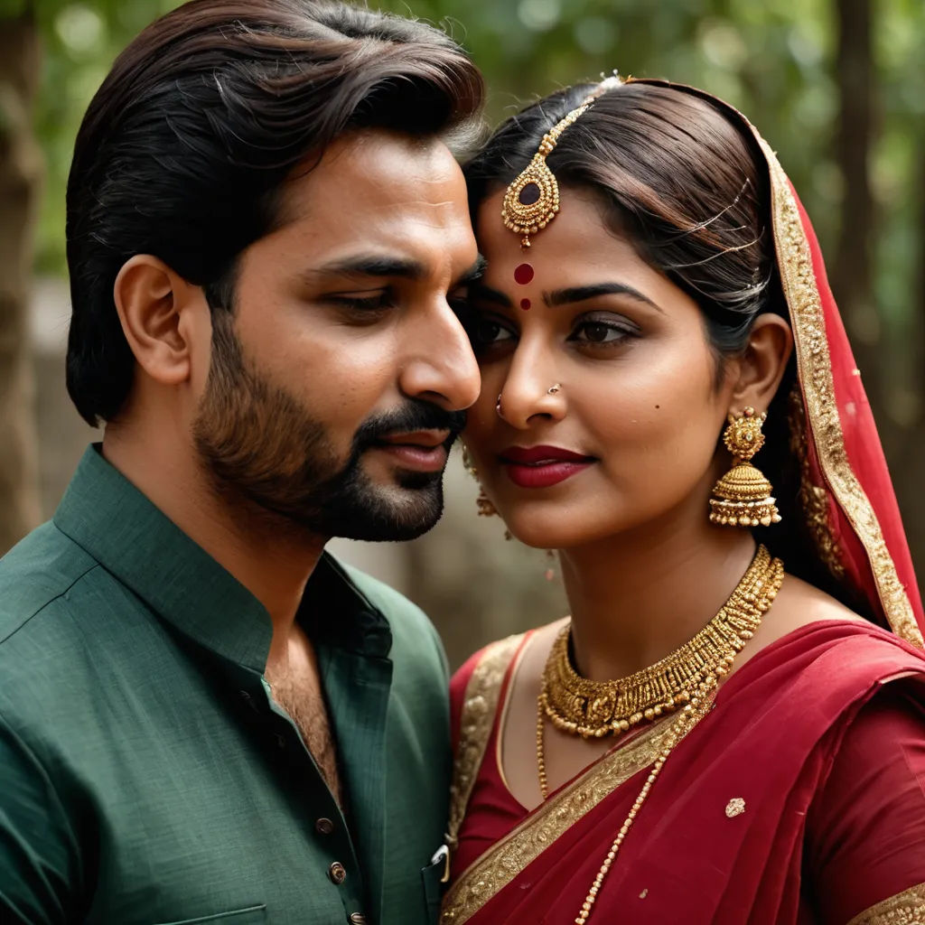 a man and woman in traditional indian garb posing for a picture together in a forest setting with trees in the background, samikshavad, a poster, Bholekar Srihari, movie still