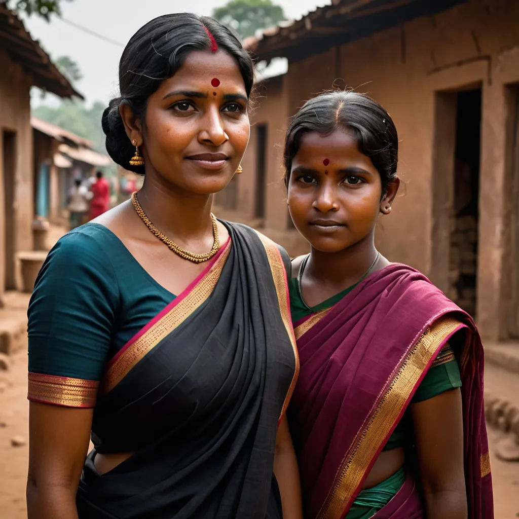 two women standing next to each other in a village in india, one of them is wearing a sari, samikshavad, a portrait, Ella Guru, portrait photography