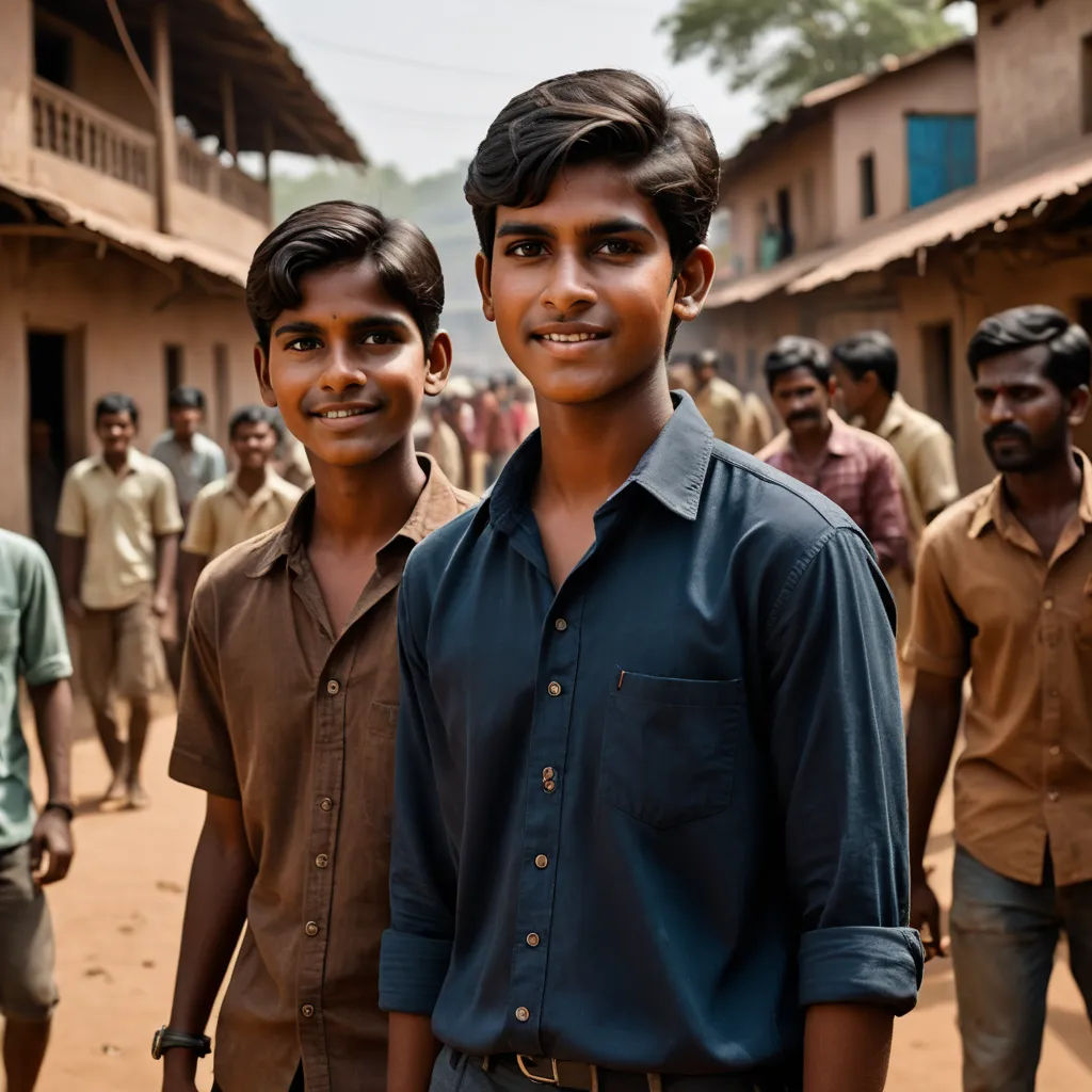 two young men standing in front of a group of men in a village in india, one of them is smiling, samikshavad, a microscopic photo, Bholekar Srihari, jayison devadas