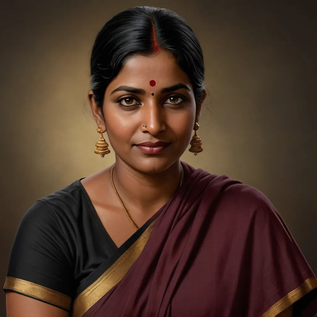 a woman in a sari with a necklace and earrings on her neck and a brown background with a black border, bengal school of art, a photorealistic painting, Ella Guru, highly detailed digital painting