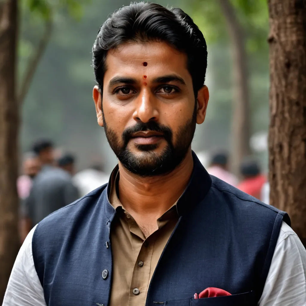 a man with a beard and a vest on standing in front of trees and people in the background,, samikshavad, a character portrait, Bholekar Srihari, jayison devadas