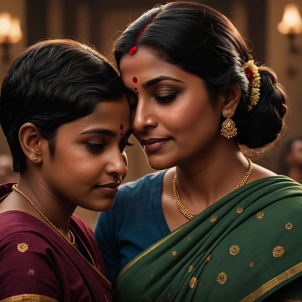 two women in sari are touching each other's foreheads and smiling at each other's eyes, samikshavad, a poster, Ella Guru, promotional image