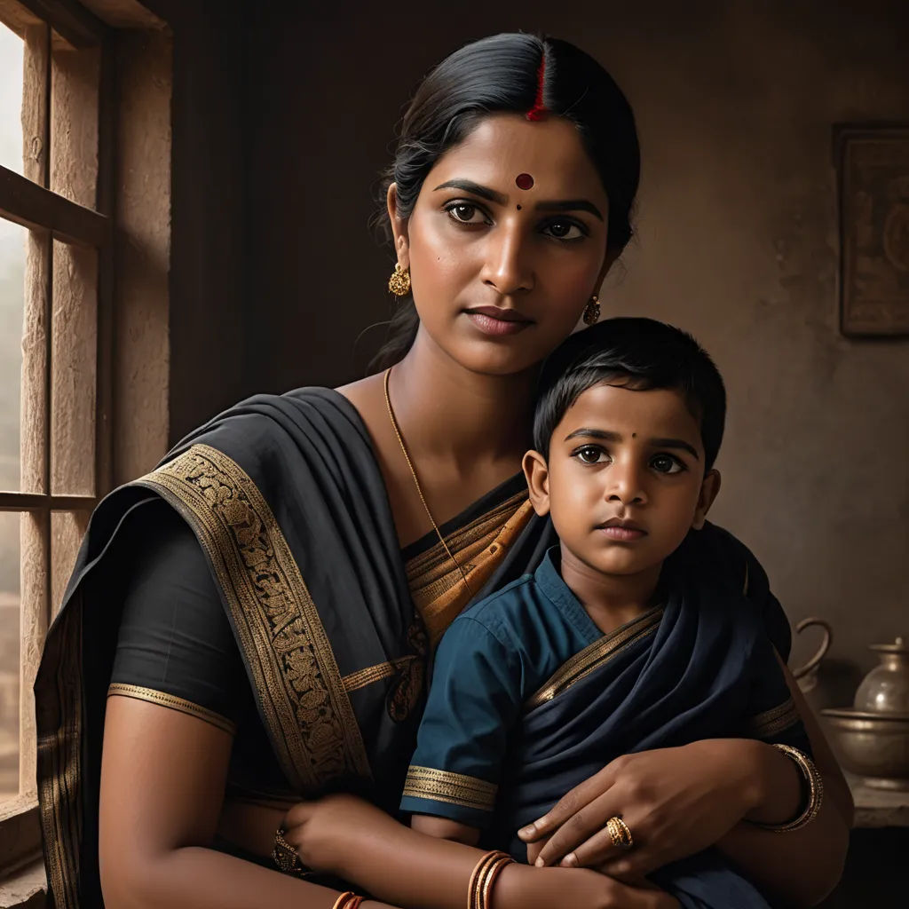 a woman and a child are posing for a picture together in a window sill with a view of the city, samikshavad, a photorealistic painting, Ella Guru, cinematic photography