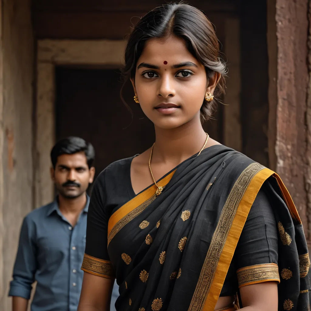 a woman in a black sari standing next to a man in a blue shirt and a black shirt, samikshavad, a poster, Ella Guru, promotional image