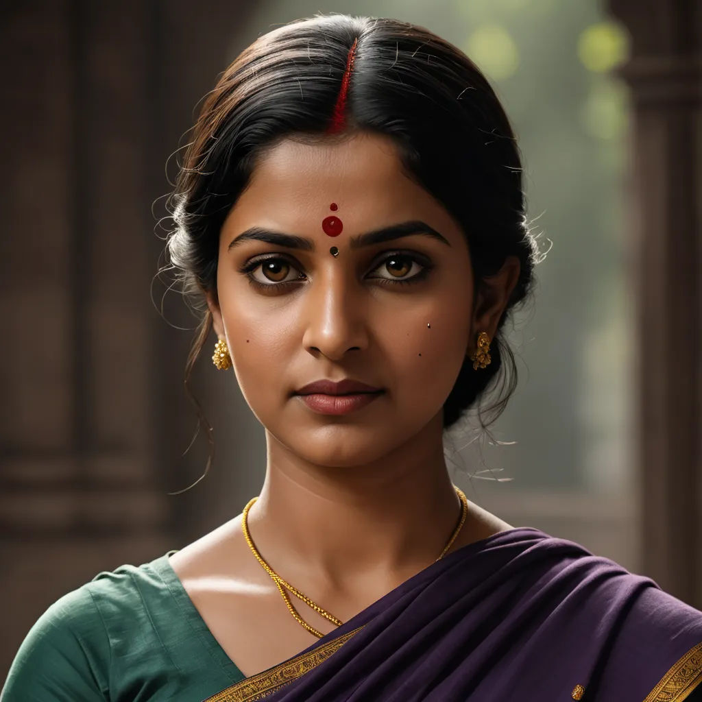 a woman in a sari with a serious look on her face and shoulders, with a serious look on her face, samikshavad, a photorealistic painting, Ella Guru, maya