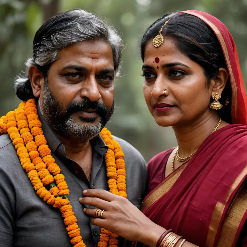 a man and woman dressed in traditional indian garb and jewelry, posing for a picture together, with trees in the background, samikshavad, a character portrait, Bholekar Srihari, movie still