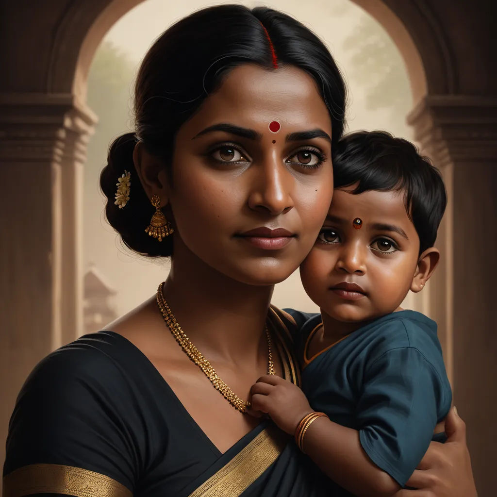 a painting of a woman holding a child in her arms with a doorway in the background behind her and a doorway in the background, samikshavad, a detailed painting, Ella Guru, highly detailed digital painting