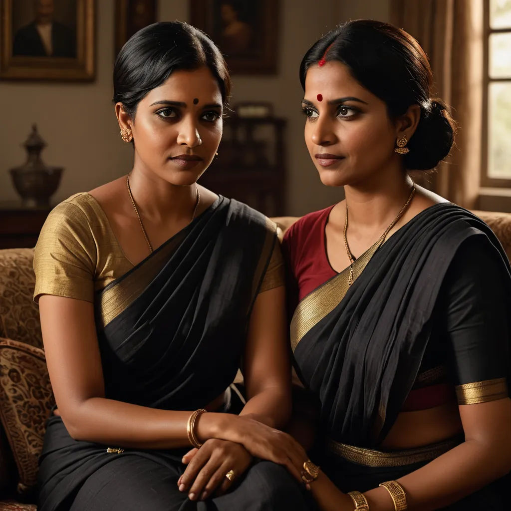 two women sitting on a couch in a room with a window behind them and a painting on the wall, samikshavad, a poster, Ella Guru, promotional image