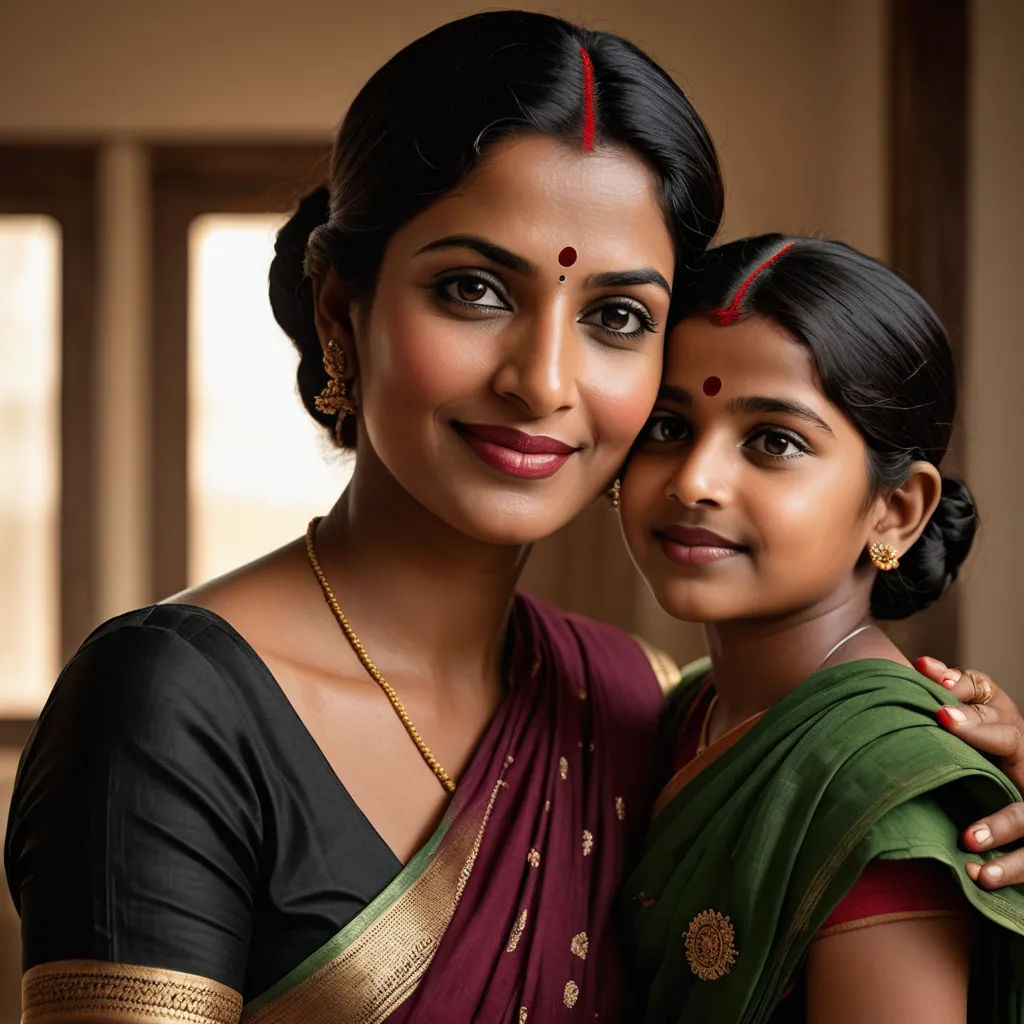 two women in sari are posing for a picture together, one of them is holding the other's arm around her shoulder, samikshavad, a stock photo, Ella Guru, promotional image