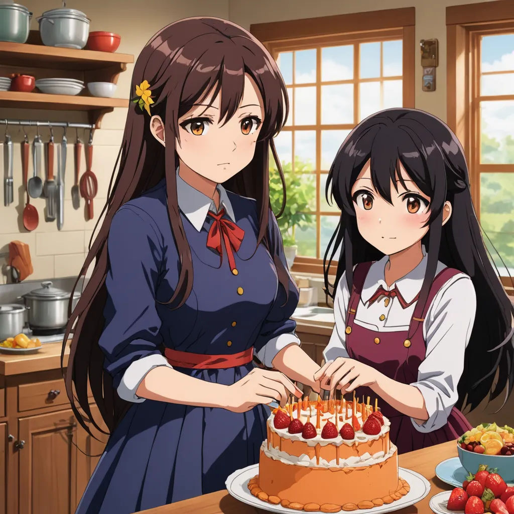 two girls standing in front of a cake with strawberries on it and a bowl of fruit on the table, socialist realism, concept art, Bourgeois, official art