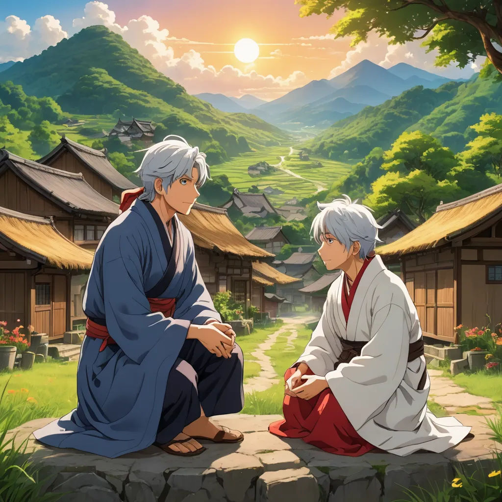two people sitting on a rock in front of a mountain village with a sunset in the background and a mountain valley in the foreground, fine art, an album cover, An Gyeon, official art