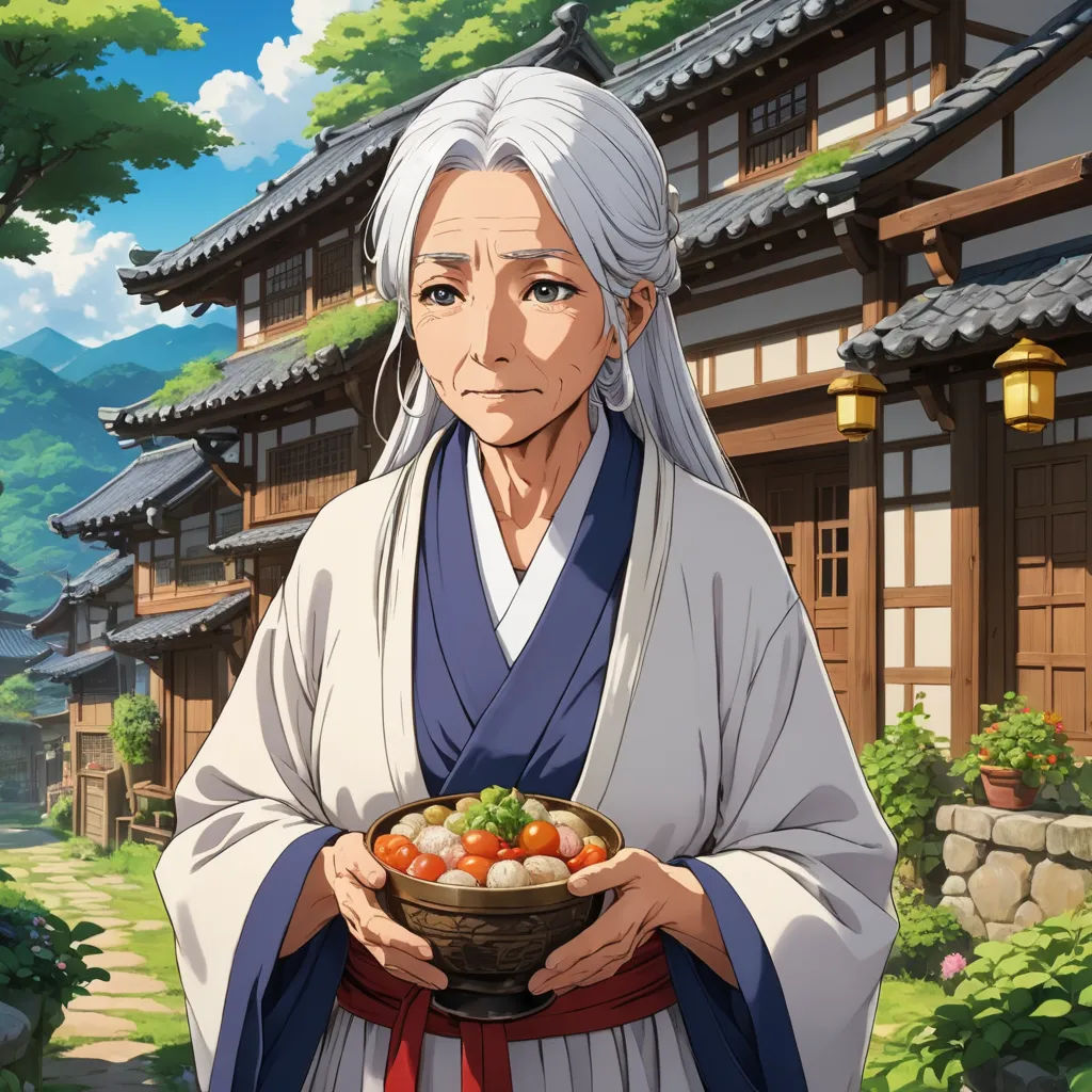 a woman holding a bowl of food in front of a building with a garden and trees in the background, ukiyo-e, a character portrait, Chizuko Yoshida, official art
