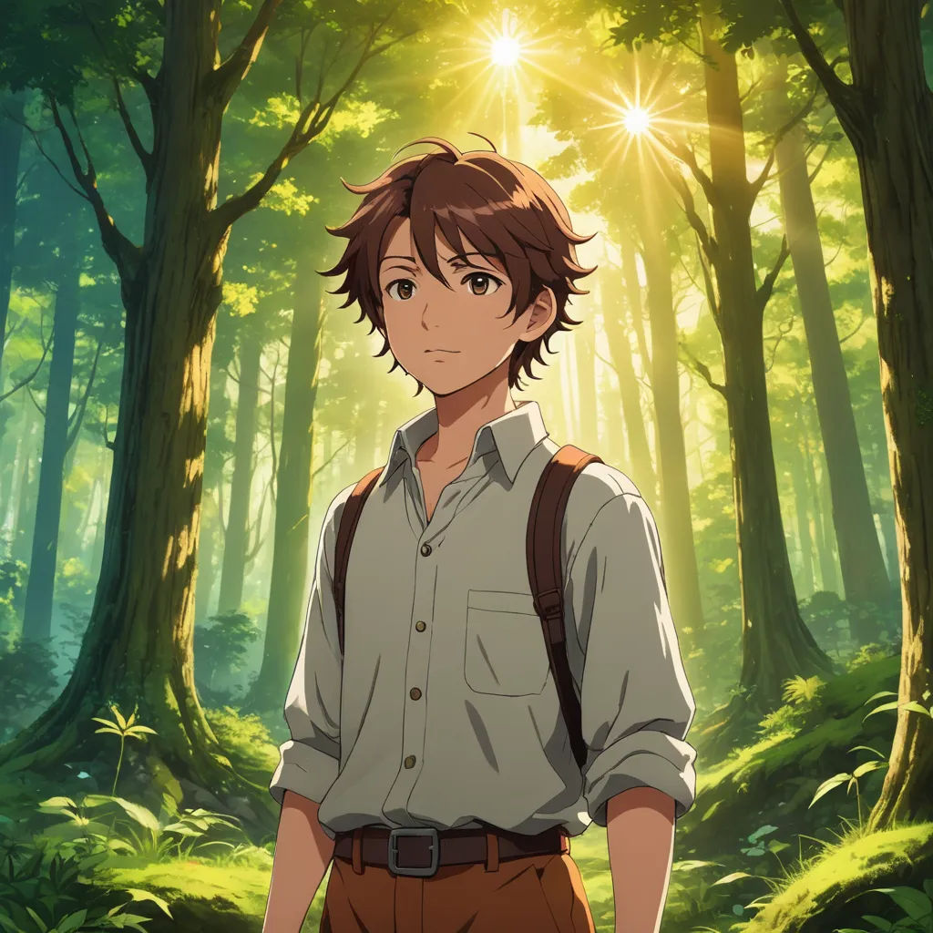 a man standing in a forest with a backpack on his shoulder and a sun shining through the trees behind him, sots art, a character portrait, Cedric Seaut (Keos Masons), official art