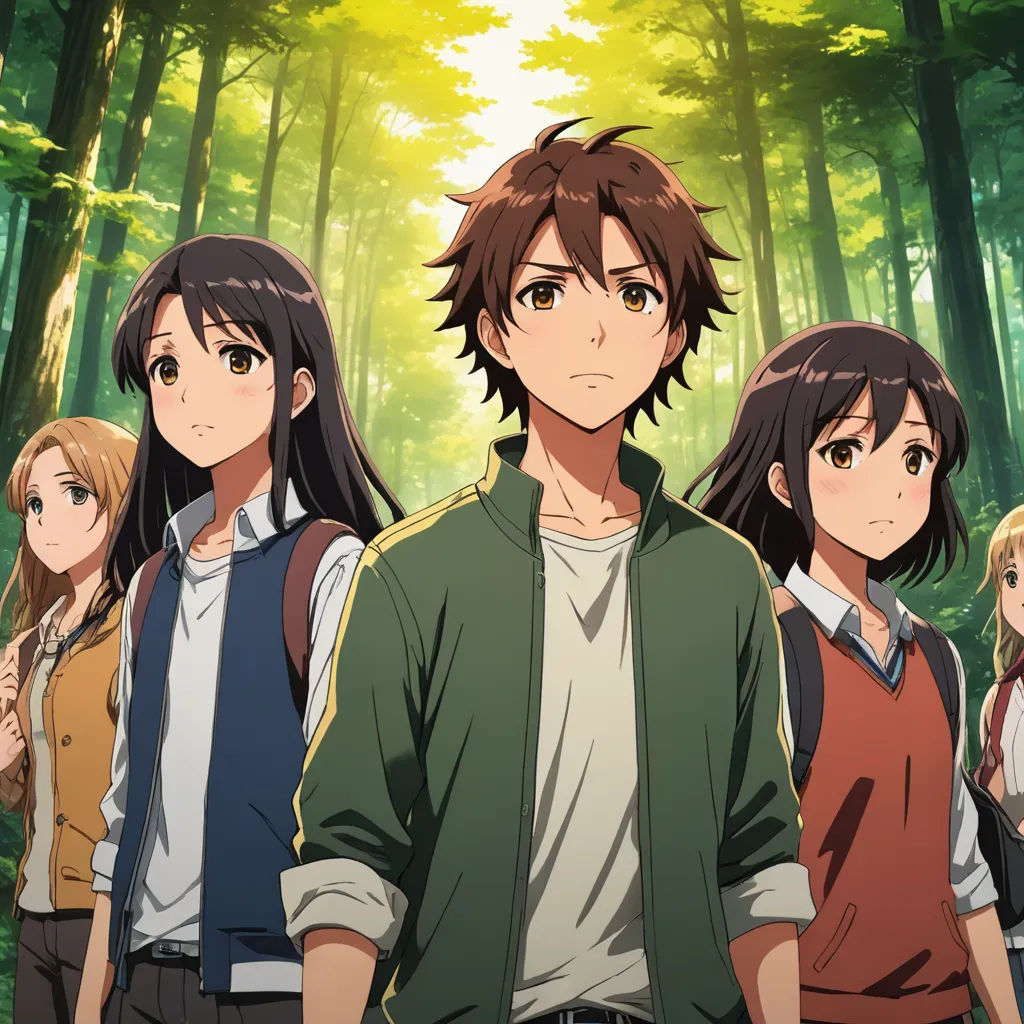 a group of people standing in a forest with trees in the background and sunlight shining through the trees behind them, rayonism, poster art, Ai-Mitsu, ufotable