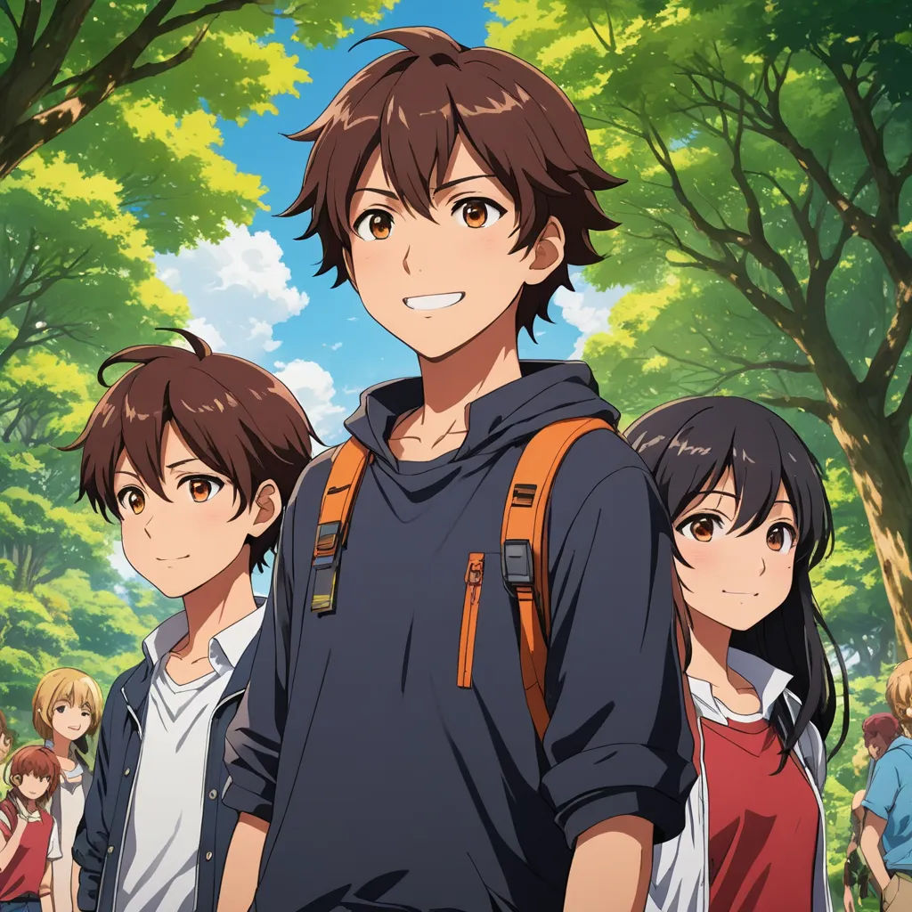 a group of people standing in front of trees and a forest with a boy in the middle of the group, rayonism, poster art, Ai-Mitsu, official art
