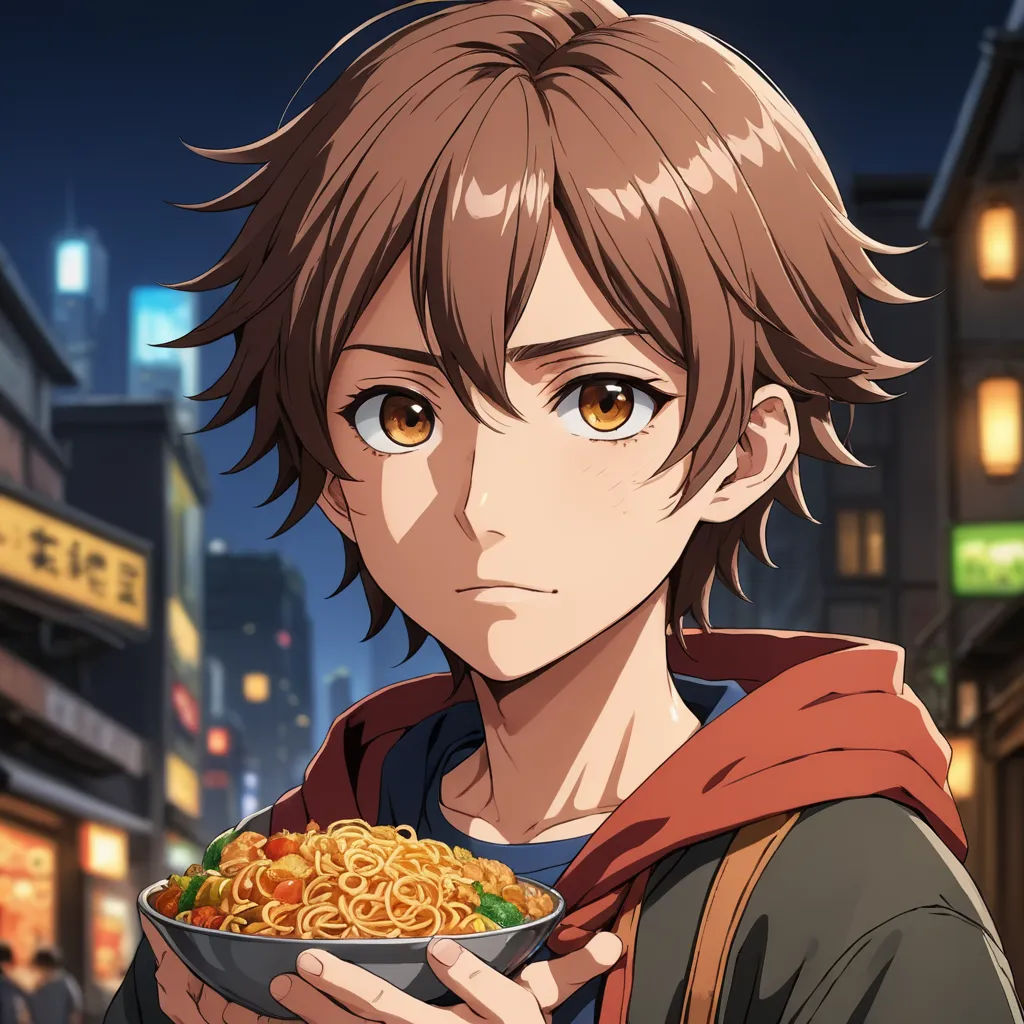 a man holding a bowl of noodles in his hands in a city at night time with buildings in the background, sots art, a character portrait, Ai-Mitsu, official art