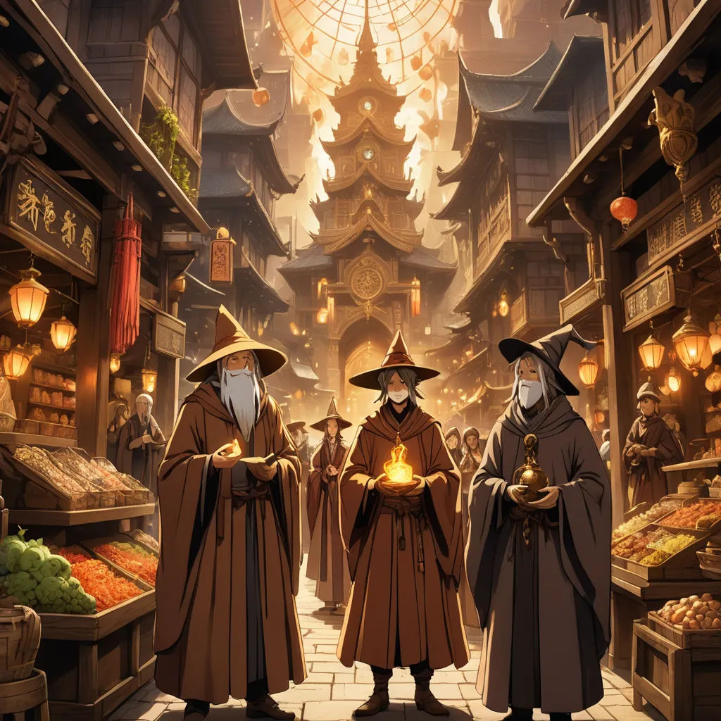 three wizard's standing in a market holding a pot of gold in their hands and a lantern in their hands, fantasy art, a detailed matte painting, Andreas Rocha, official art