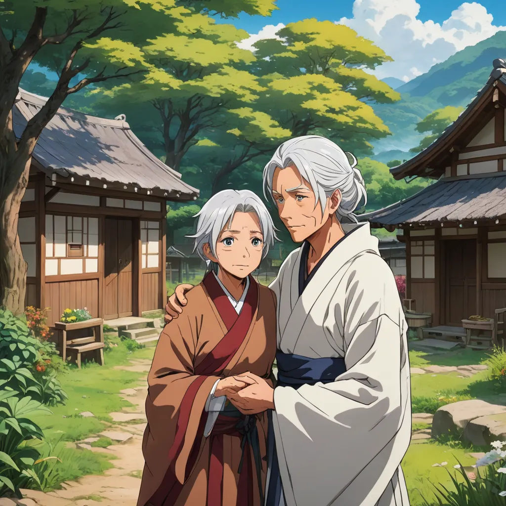 a man and woman standing next to each other in front of a forest and buildings with trees in the background, ukiyo-e, concept art, Anson Maddocks, official art