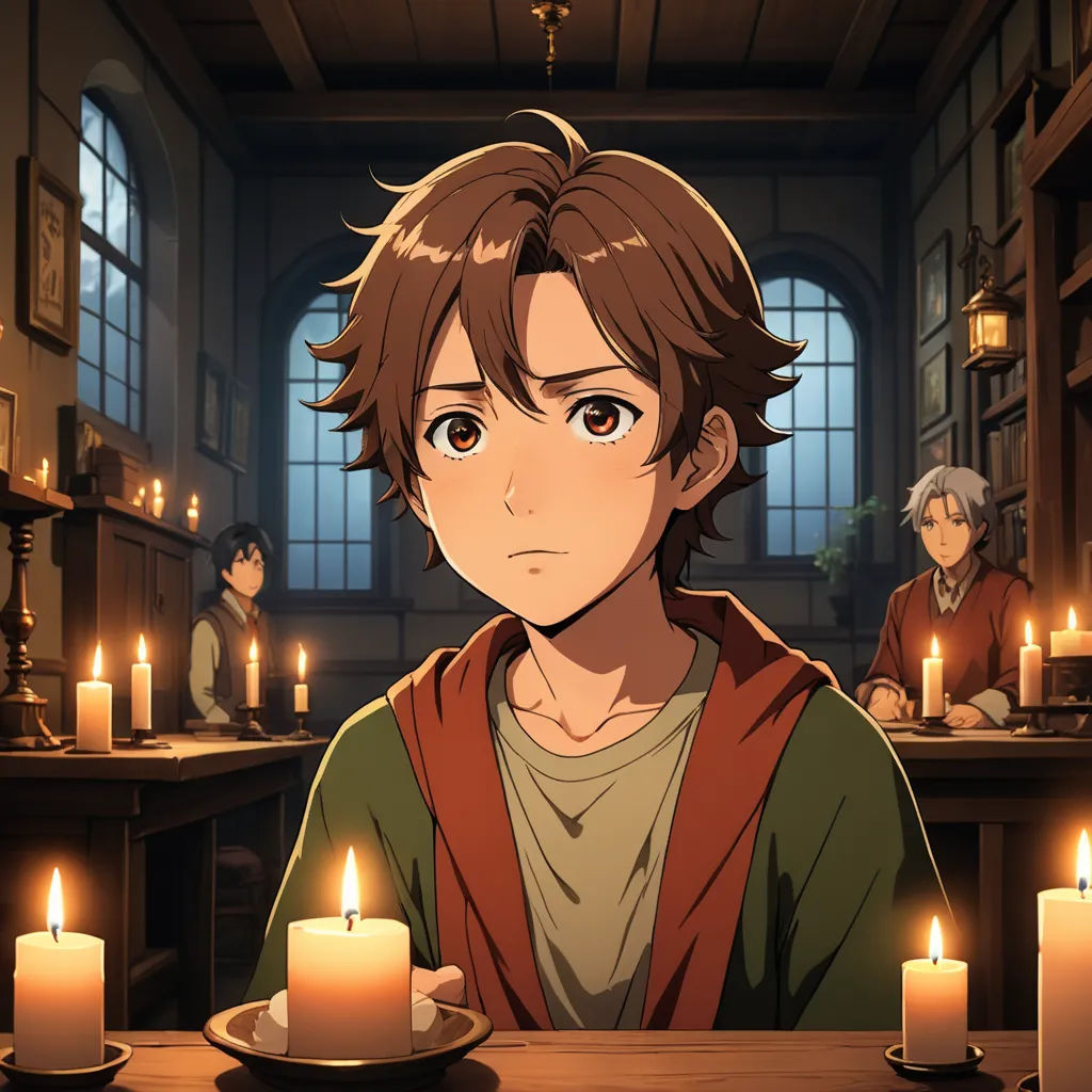 a man sitting at a table with candles in front of him and another man standing behind him in the background, sots art, a character portrait, Cedric Seaut (Keos Masons), octopath traveler