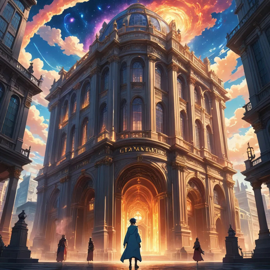 a man standing in front of a building with a sky background and clouds above it, with a person standing in front of a building, fantasy art, a detailed matte painting, Chris LaBrooy, anime key visual