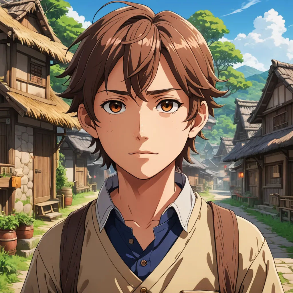 a man standing in front of a village with a tree in the background and a sky in the background, sots art, a character portrait, Cedric Seaut (Keos Masons), ufotable