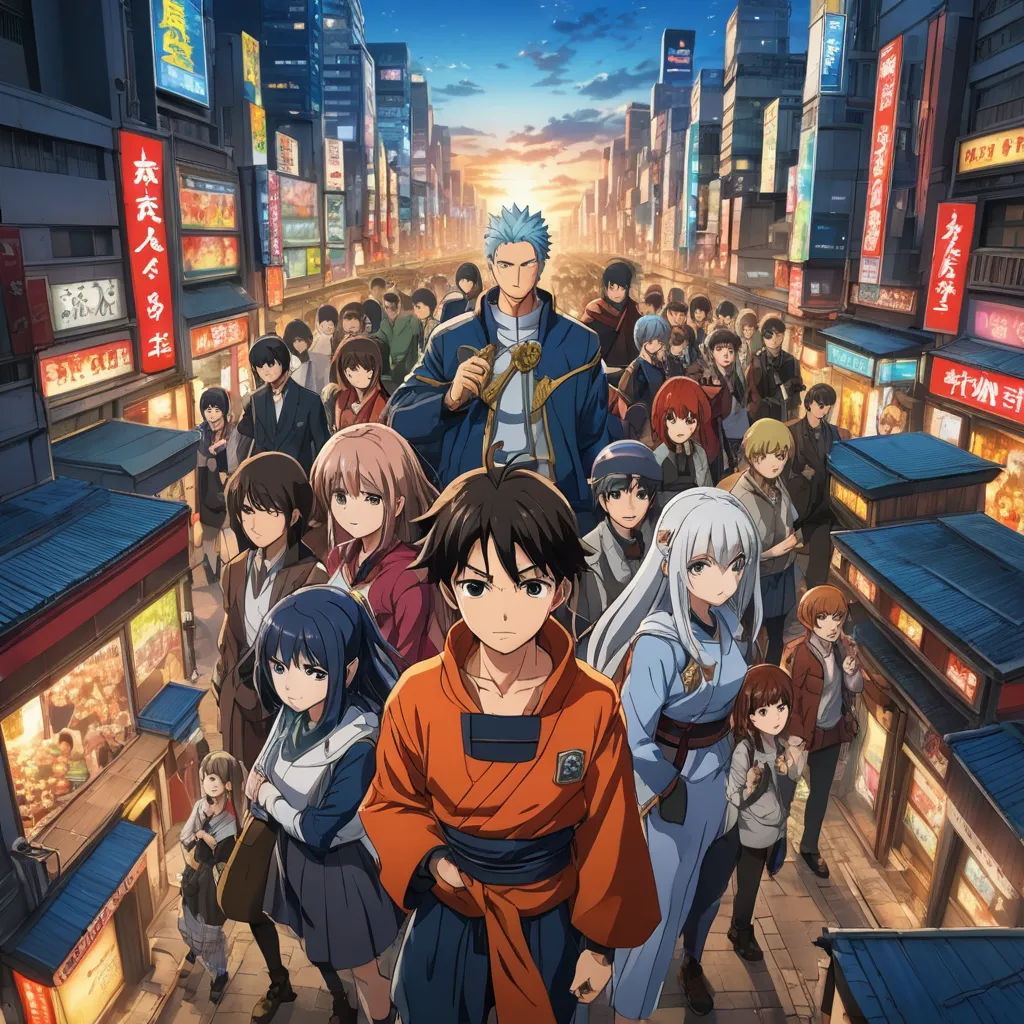 a group of people standing in front of a city street with a sky background and a sky background with buildings, rayonism, poster art, Baiōken Eishun, anime key visual