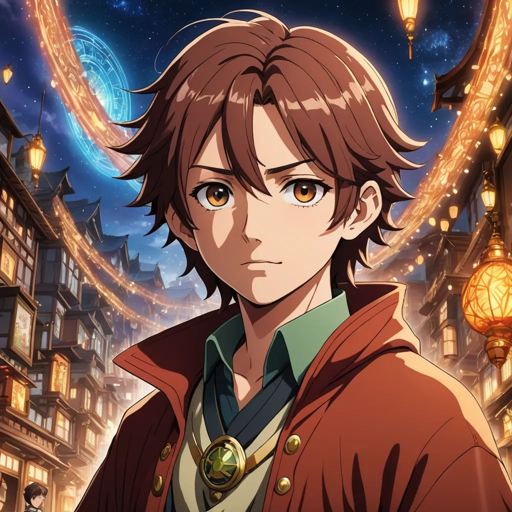 a man in a red jacket standing in front of a city at night with lights on the buildings and a lantern, aestheticism, a character portrait, Ai-Mitsu, anime key visual