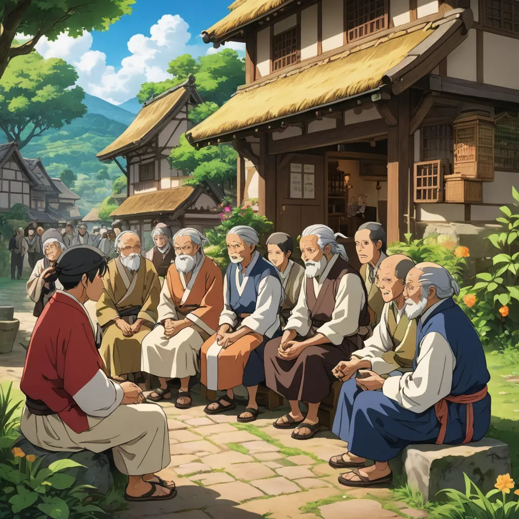 a group of people sitting on a stone walkway in front of a building with a tree and flowers in the background, ukiyo-e, a detailed matte painting, Byeon Sang-byeok, official art