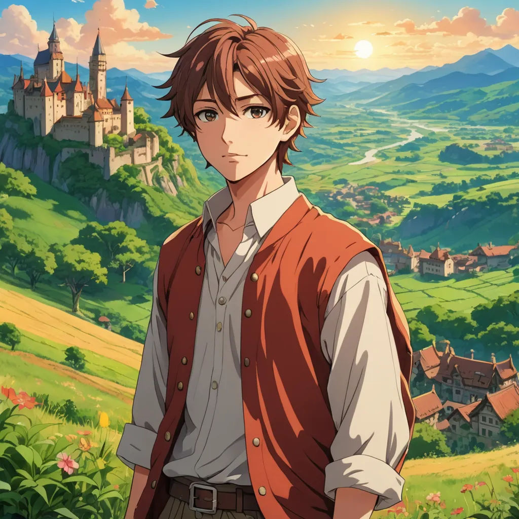a man standing in front of a lush green hillside with a castle in the background and a sunset in the sky, sots art, a character portrait, Cedric Seaut (Keos Masons), official art