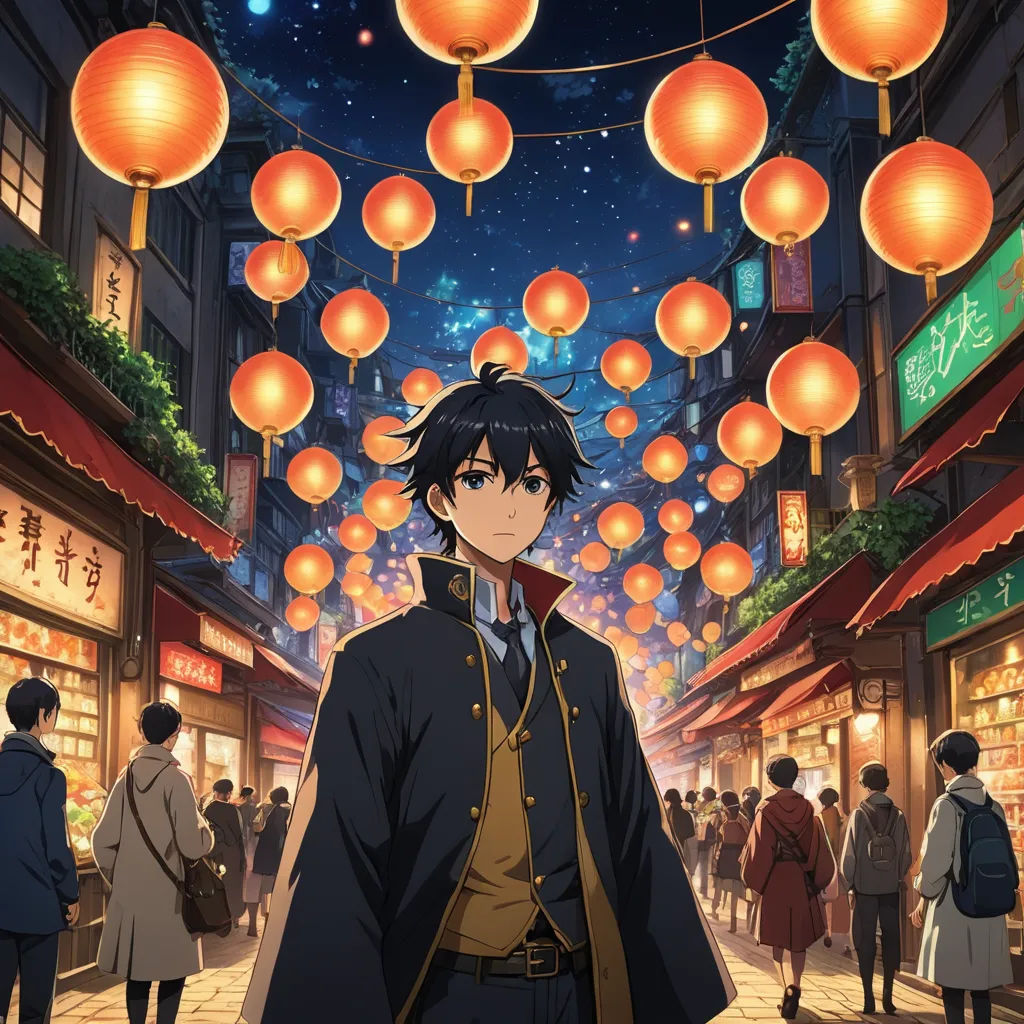 a man in a black coat and a red tie standing in a street with lanterns hanging above him and people walking around, aestheticism, concept art, Ai-Mitsu, anime key visual