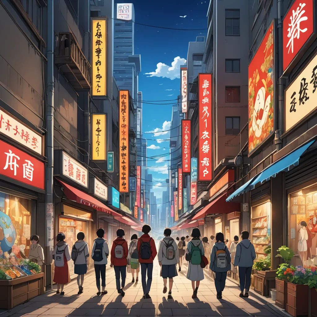 a group of people walking down a street next to tall buildings with asian writing on them and a sky background, dau-al-set, a detailed painting, Atey Ghailan, anime key visual